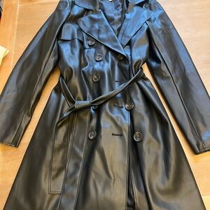 Classic Black Faux Leather Trench Coat with Self-Tie Belt